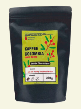Hausgerösteter Kaffee der Marke Goethe Chocolaterie in einer schwarzem Verpackung und einem Aufkleber. Sorte Colombia 250g ganze Bohnen