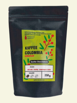 Hausgerösteter Kaffee der Marke Goethe Chocolaterie in einer schwarzem Verpackung und einem Aufkleber. Sorte Colombia 250g gemahlen