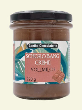 Schoko Bang Vollmilch. Brotaufstrich Geschmacksrichtung Vollmilch Schokolade der Marke Goethe Chocolaterie in einem Glas mit Schraubverschluss
