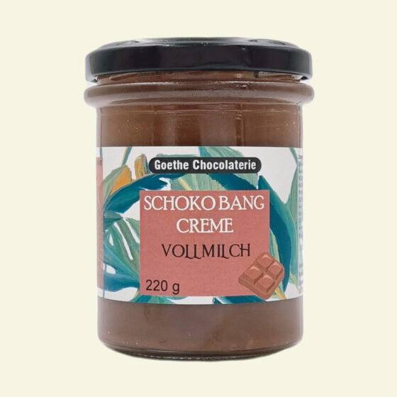 Schoko Bang Vollmilch. Brotaufstrich Geschmacksrichtung Vollmilch Schokolade der Marke Goethe Chocolaterie in einem Glas mit Schraubverschluss
