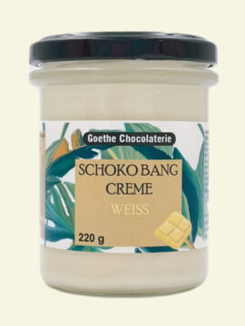 Schoko Bang Weiss. Brotaufstrich Geschmacksrichtung Weiße Schokolade der Marke Goethe Chocolaterie in einem Glas mit Schraubverschluss
