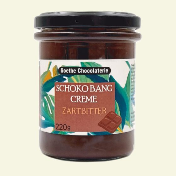 Schoko Bang Zartbitter. Brotaufstrich Geschmacksrichtung Zartbitter Schokolade der Marke Goethe Chocolaterie in einem Glas mit Schraubverschluss