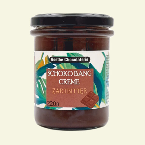 Schoko Bang Zartbitter. Brotaufstrich Geschmacksrichtung Zartbitter der Marke Goethe Chocolaterie in einem Glas mit Schraubverschluss